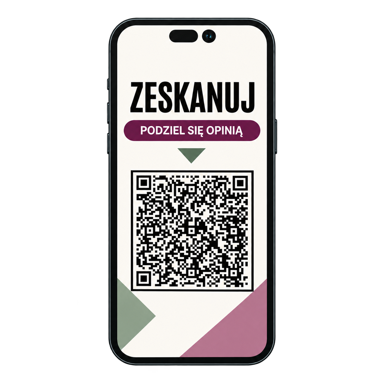 Telefon z napisem: Zeskanuj, podziel się opinią, oraz kodem QR